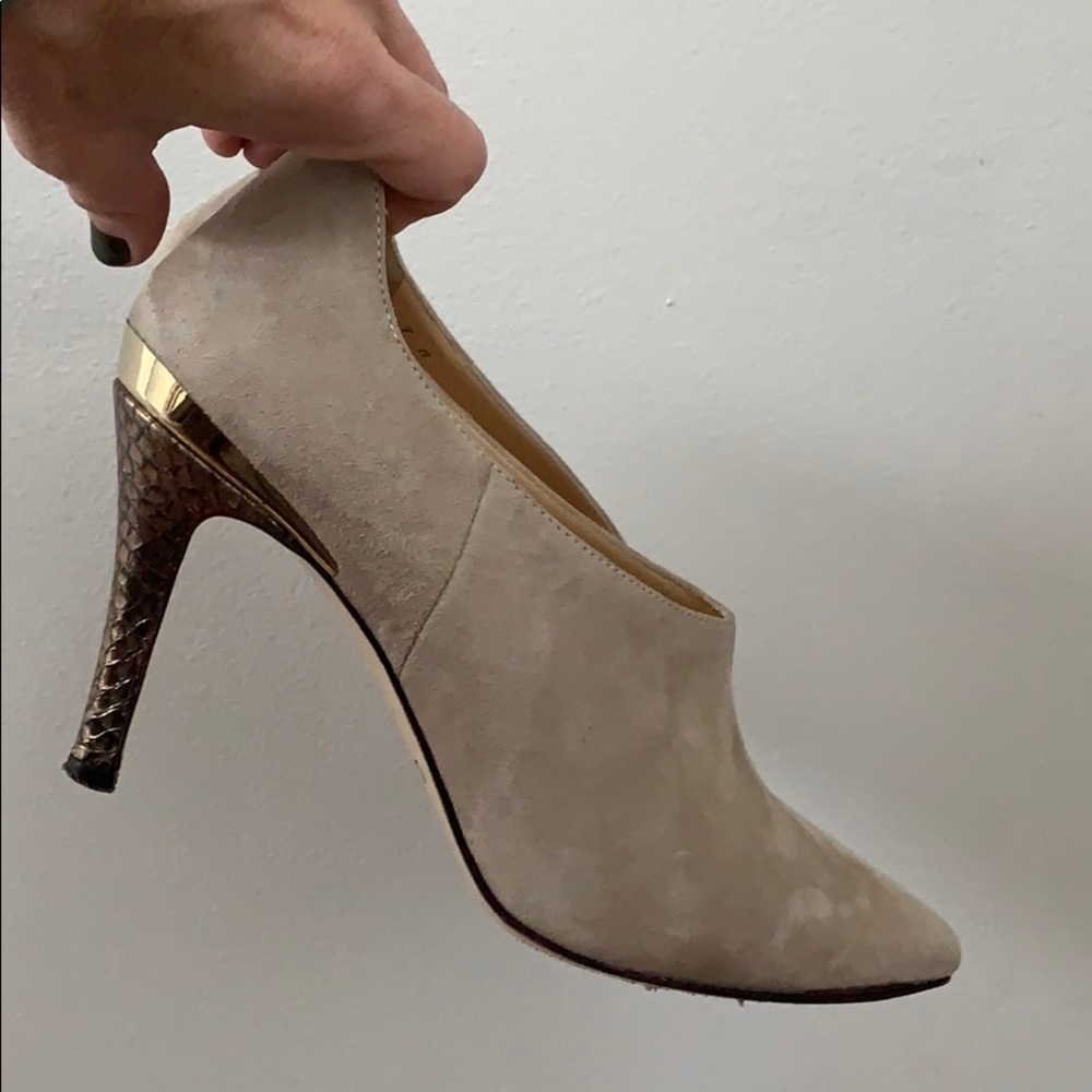 Suede Pointed Toe High Heel Bootie in Beige with Gold Accents